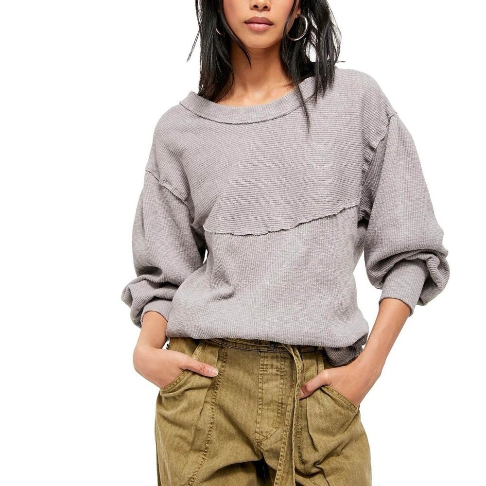 We The free people Sweatshirt Thermal Gray Ribbed Knit Size XS Buffy Sleeves - Picture 1 of 10